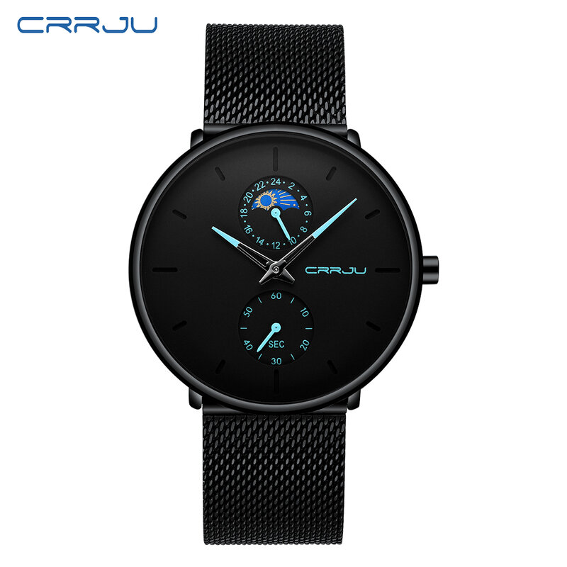 CRRJU-ساعات رجالية ، ساعة يد رجالية ، علامة تجارية فاخرة ، حزام شبكي رفيع للغاية ، موضة رياضية ، كوارتز ، مقاومة للماء ، ذكر