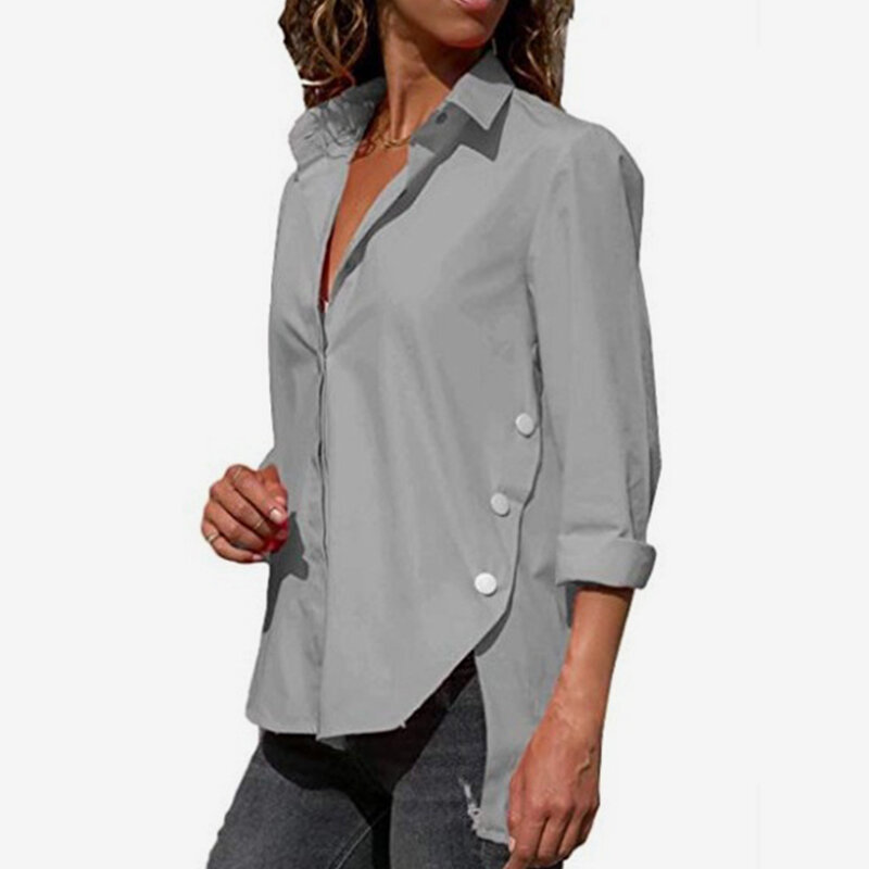 Camisa de manga larga para mujer, camisa de oficina Irregular con cuello vuelto, Tops blancos para mujer 2021