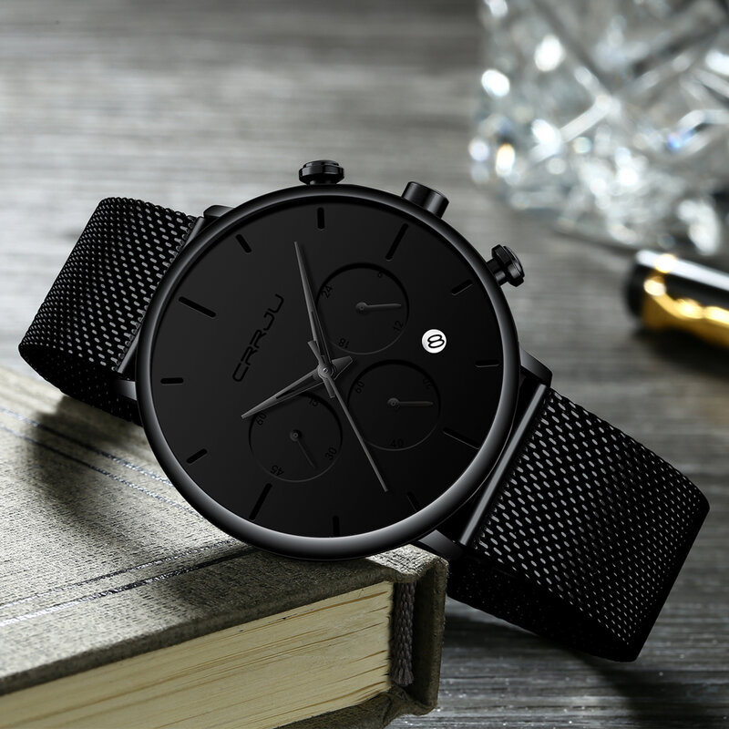 Crrju relógio masculino de luxo, relógio minimalista à prova d'água em aço inoxidável com pulseira de malha casual com cronógrafo 24 horas