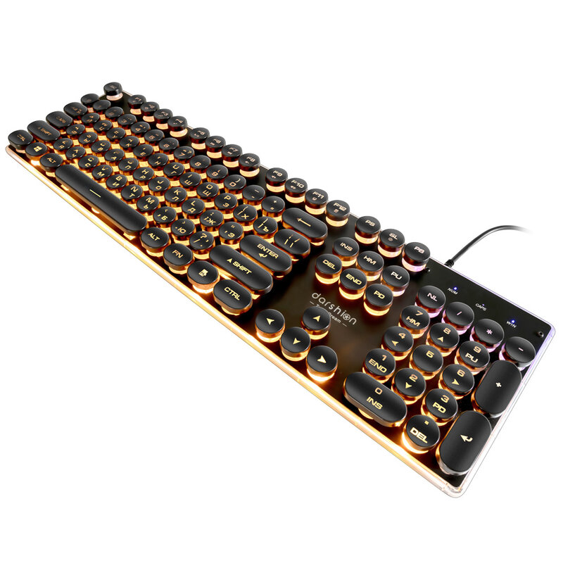 Gaming Russian English Keyboard Retro Round Glowing Keycap Metal Panel Backlit USB Wired Illuminated Border