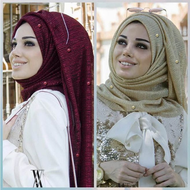 2019 Glitter ชิมเมอร์อิสลามมุสลิมฮิญาบผ้าพันคอผ้าคลุมไหล่ผู้หญิงธรรมดายาวผ้าคลุมไหล่ย่น Crinkle Maxi Hijabs กับไข่มุก