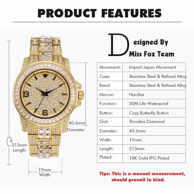 ساعة كوارتز نسائية فاخرة من MISSFOX, ساعة يد نسائية بتصميم فاخر من أحجار الراين