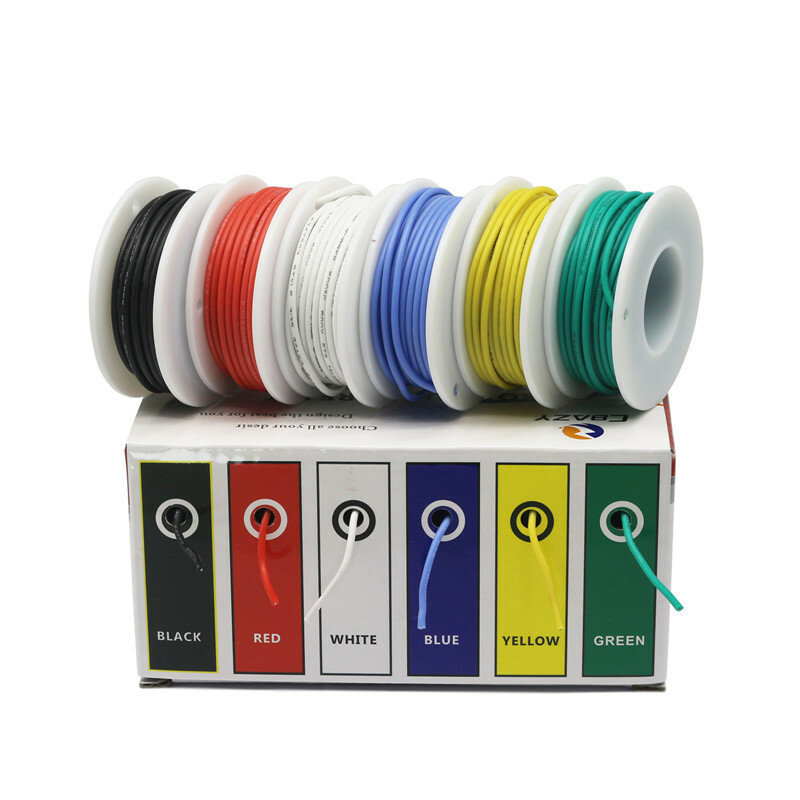 Cable de silicona Flexible de alta calidad, línea de cobre estañado, 6 colores en una caja, mezcla de alambre trenzado, Kit DIY, 18, 20, 22, 24, 26, 28, 30AWG