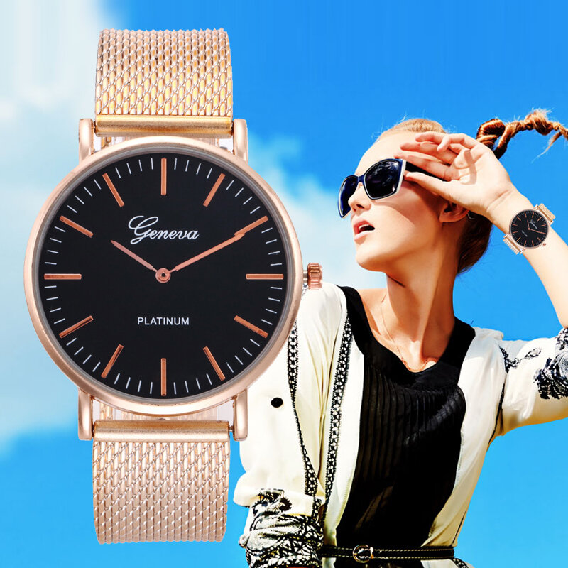 Correa de malla de oro caliente de comercio exterior para mujer reloj Geneva girl relojes mujer Correa suave pulsera de moda mujer reloj de pulsera lady regalos