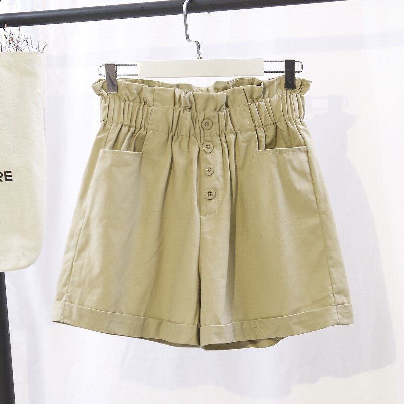 Shorts femininos de verão, bermudas com cintura larga elástica, cor sólida, bolsos casuais, curtos, moda verão 2020