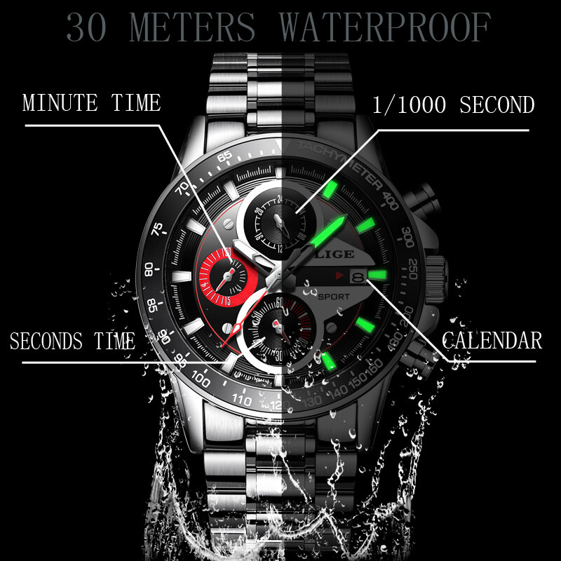 LIGE Fashion Quartz Sport Watch Men Business Full Steel Clock Mens Watches Top Brand Luxury Waterproof Watch Relogio Masculino