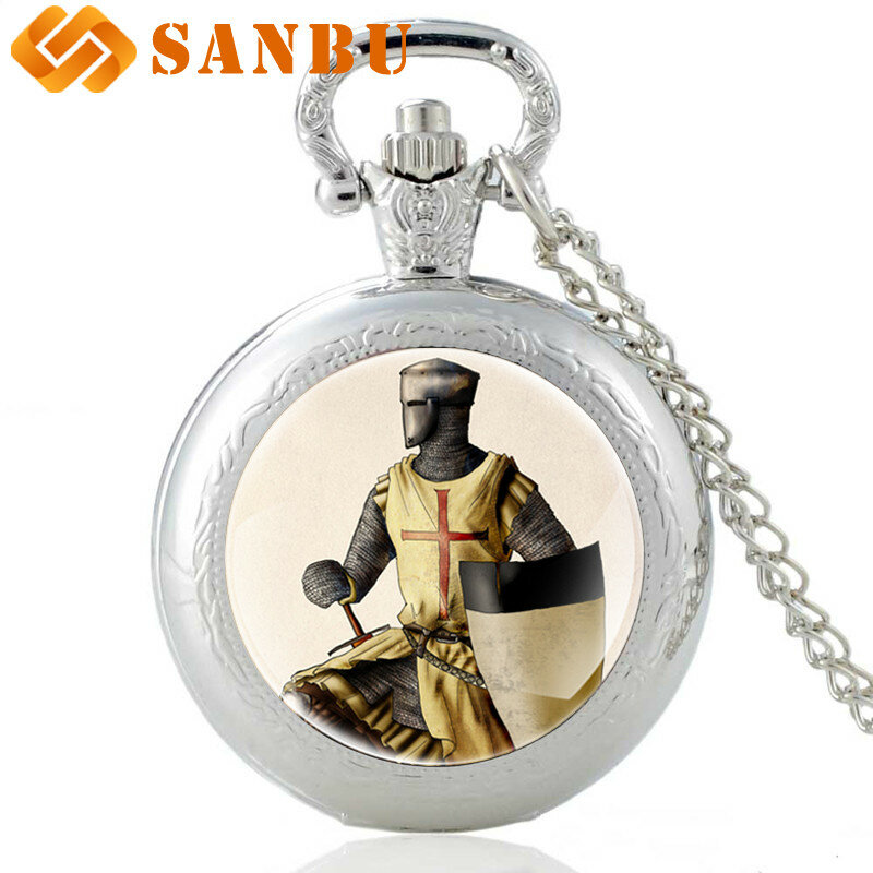 Relógio de bolso templar cavaleiro de bronze, relógio de bolso retrô, para homens, mulheres, com pingente de cruz, colar de joias de quartzo