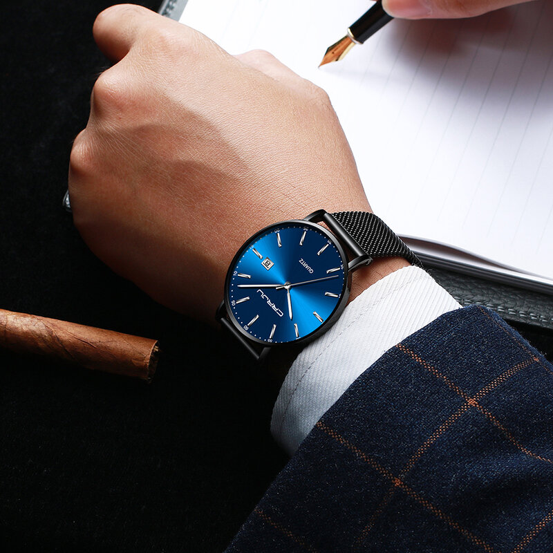 Clássico relógio de negócios homem, crrju criativo preto azul relógio de pulso para homem elegante à prova dstylish água data display relógio relogio masculino