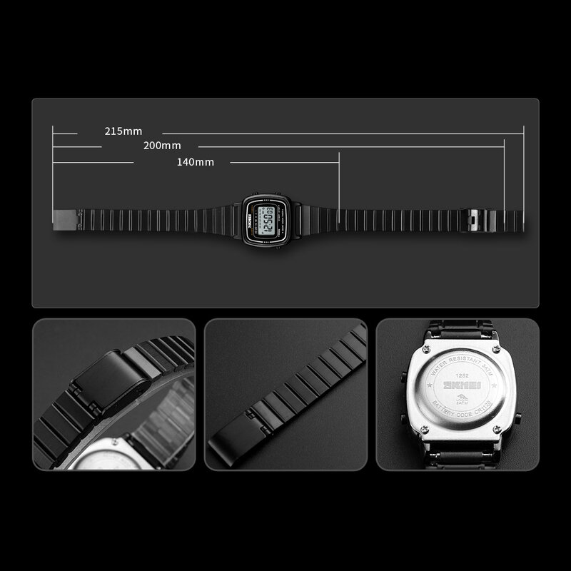 SKMEI-여성 스포츠 골드 캐주얼 손목 시계, LED 전자 디지털 시계, 5ATM 방수 시계, 여성 시계