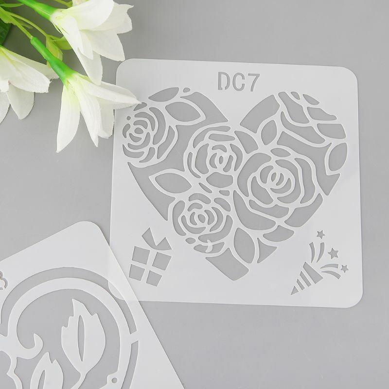 12pçs moldes de desenho de flor e coração, estêncil de plástico para pintura de crianças, etiqueta de cartão de arte diy, scrapbook, marcador de página educacional
