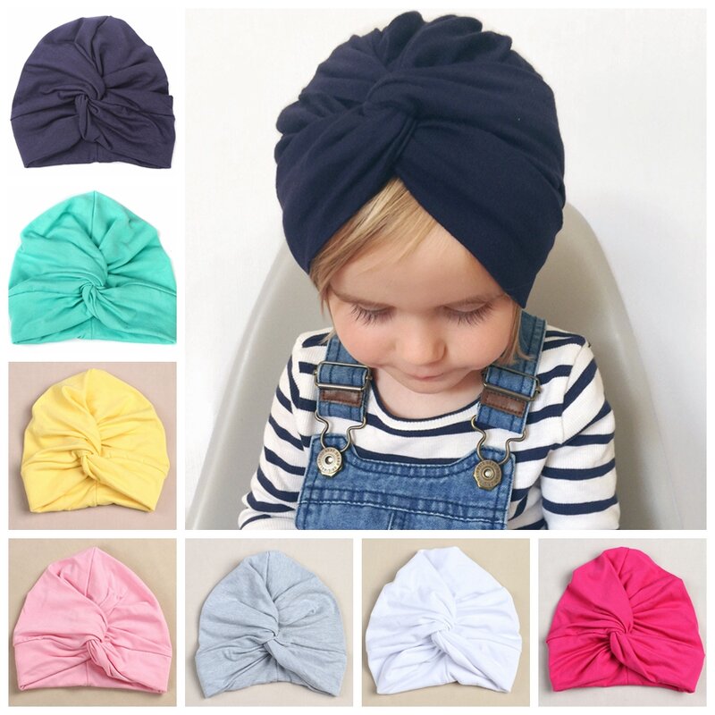 Fashion 12 Colors Cotton Blend Kids Turban Hat Newborn Beanie Caps Headwear Children Shower Hat Birthday Gift Photo Props