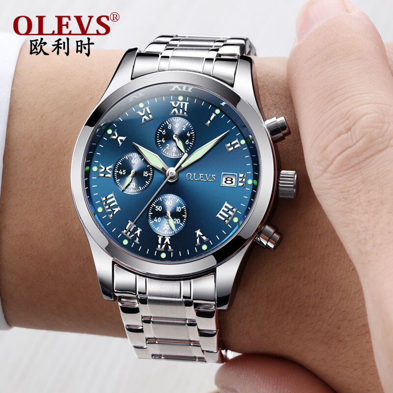 OlEVS-ساعة كوارتز فاخرة للرجال ، ساعة رجالية من الفولاذ المقاوم للصدأ ، مع مؤشر مضيء ، وظيفة تقويم مقاومة للماء