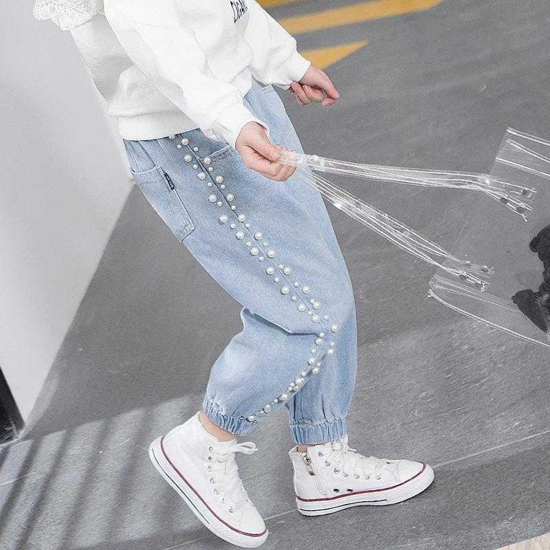 New Girls Spring Denim Pants Garment Kids Loose Pearls Spliced Fashion Washed Beading Jeans Fall Children Leisure Trousers X422