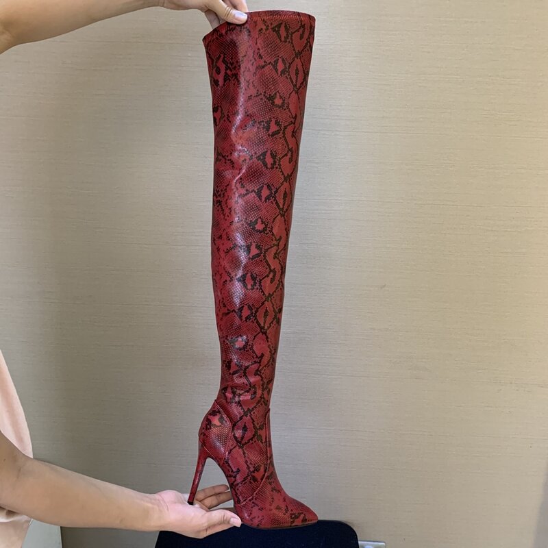 Botas altas coxa, botas sensuais sobre o joelho para mulheres, femininas, pele de cobra, dedo do pé 11cm, salto alto fino botas femininas garrafinha