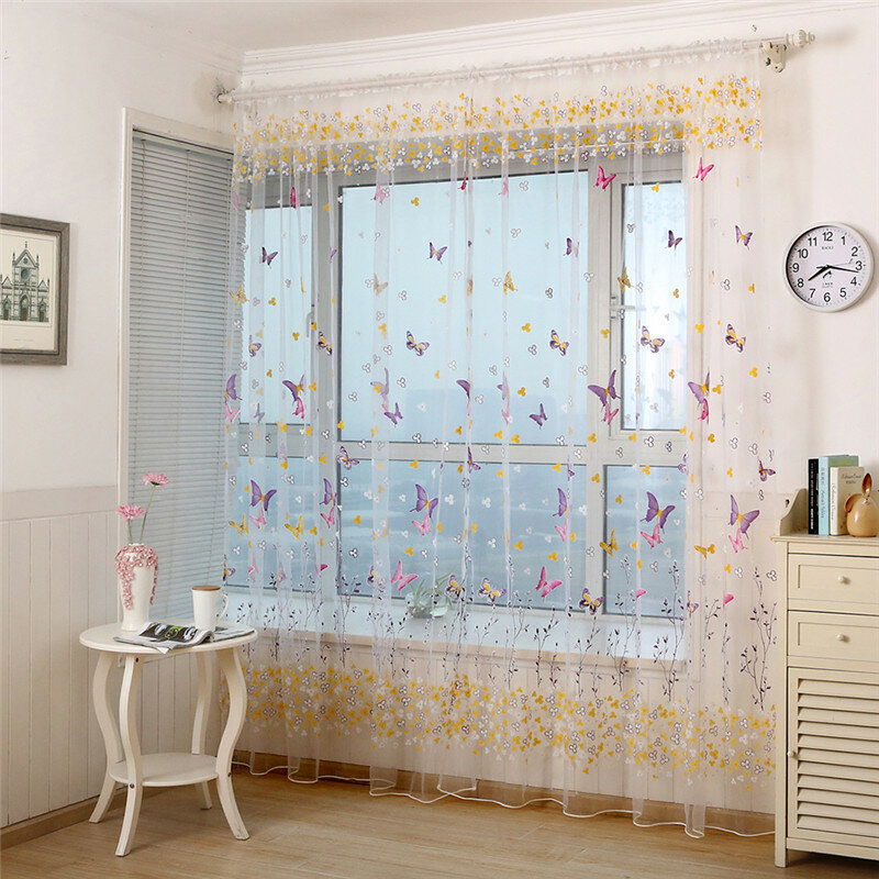 2020 1 pçs ramos de borboleta impresso tule cortinas para sala estar interior janela triagem decoração varanda burnout voile cortina