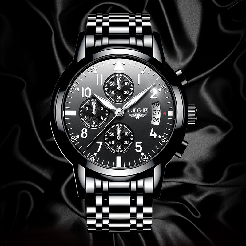 Lige mens relógios top marca de luxo de negócios de moda relógio de quartzo homens esporte todo o aço à prova d' água relógio preto erkek kol saati + box
