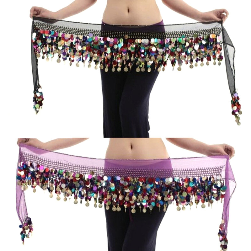 여성 다채로운 밸리 댄서 의상 무대 및 댄스 착용 엉덩이 스카프 랩 장식 조각 벨트 58 코인 쉬폰 스커트