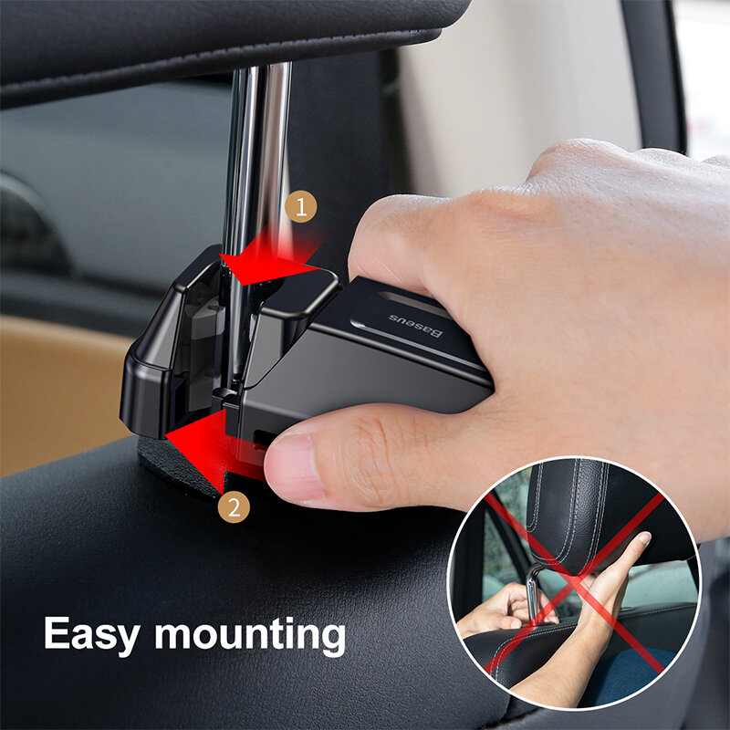 Baseus 2 in1 Car Headrest Hook with Phone Holder Back Seat Hook for Bag Handbag Fastener Backseat Organizer Multifunction Clip