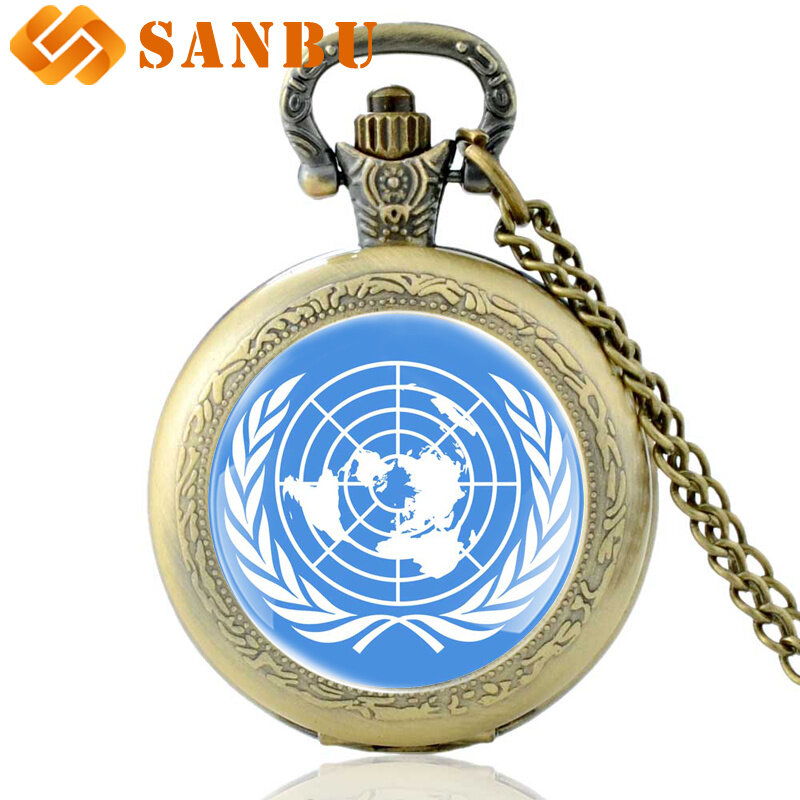 Vintage Silber Vereinigten Nationen Logo Kongress Glas Cabochon Quarz Taschenuhr