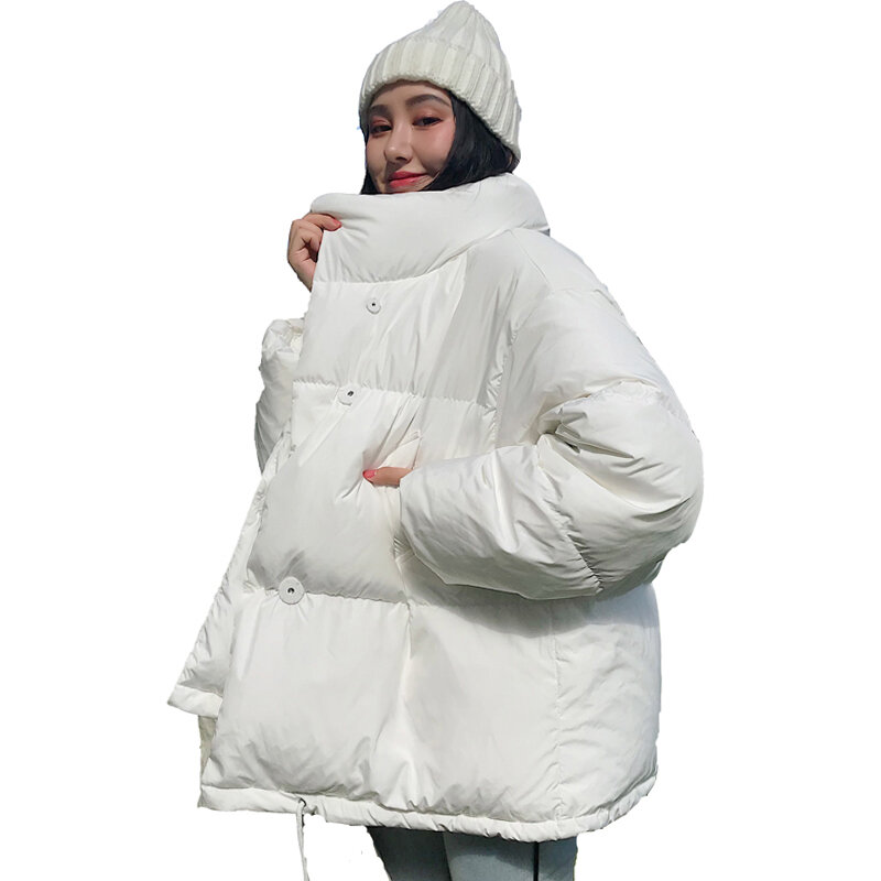 Jaket Musim Dingin 2021 Gaya Korea Parka Wanita Kerah Berdiri Mantel Bawah Perempuan Hitam Putih Polos Longgar Parka Pendek Wanita Ukuran Besar