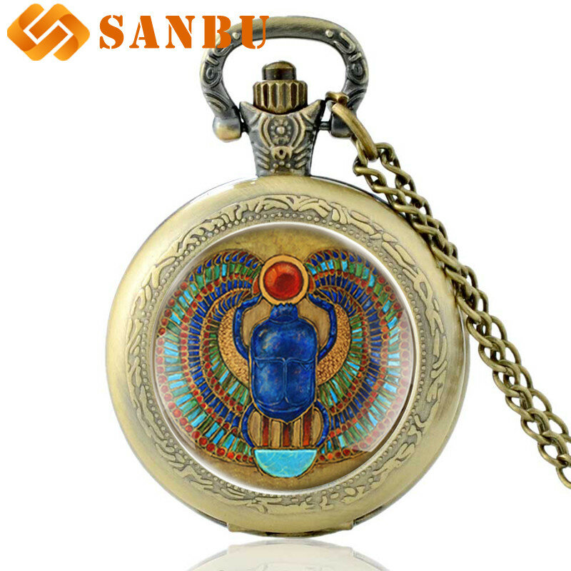 Vintage la República Árabe de Egipto Faraón Dung Chafer cuarzo de bronce reloj de bolsillo Retro hombres mujeres colgante de bronce collar