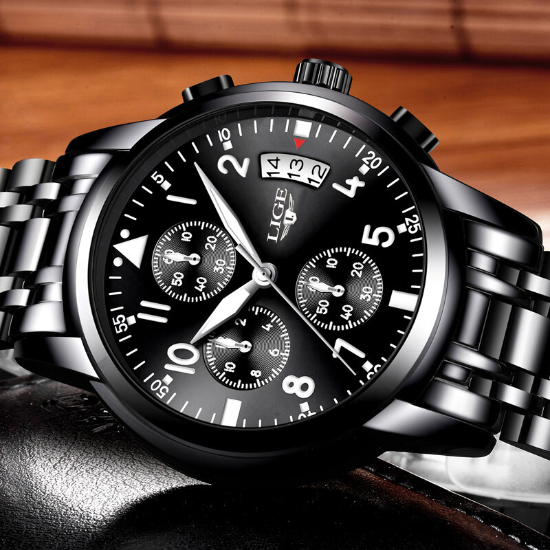 LIGE мужские часы, люксовый бренд, бизнес, кварцевые часы, мужские, спортивные, полностью стальные, водонепроницаемые, черные часы