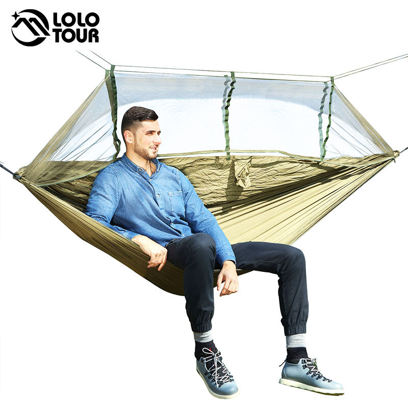 Hamaca colgante de 1-2 personas con mosquitera, cama portátil, estilo paracaídas, para acampada en exteriores, color verde militar
