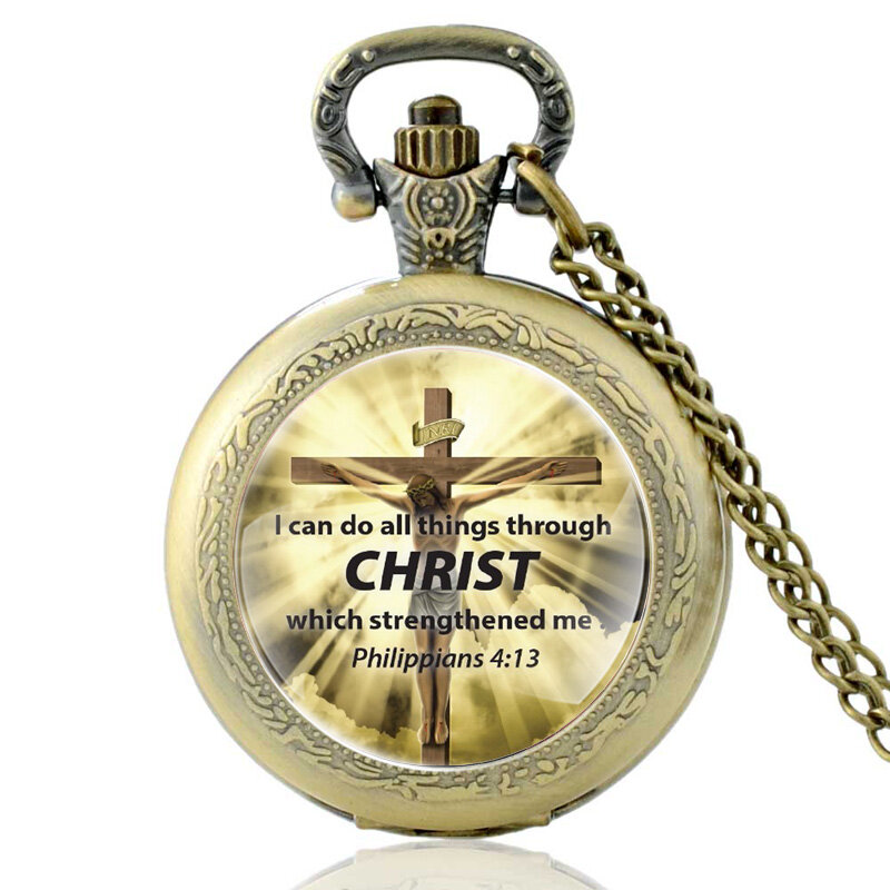 나는 그리스도를 통해 모든 것을 할 수있다 성경 구절 크로스 쿼츠 회중 시계 빈티지 남자 기독교 신앙 펜던트 목걸이 시계