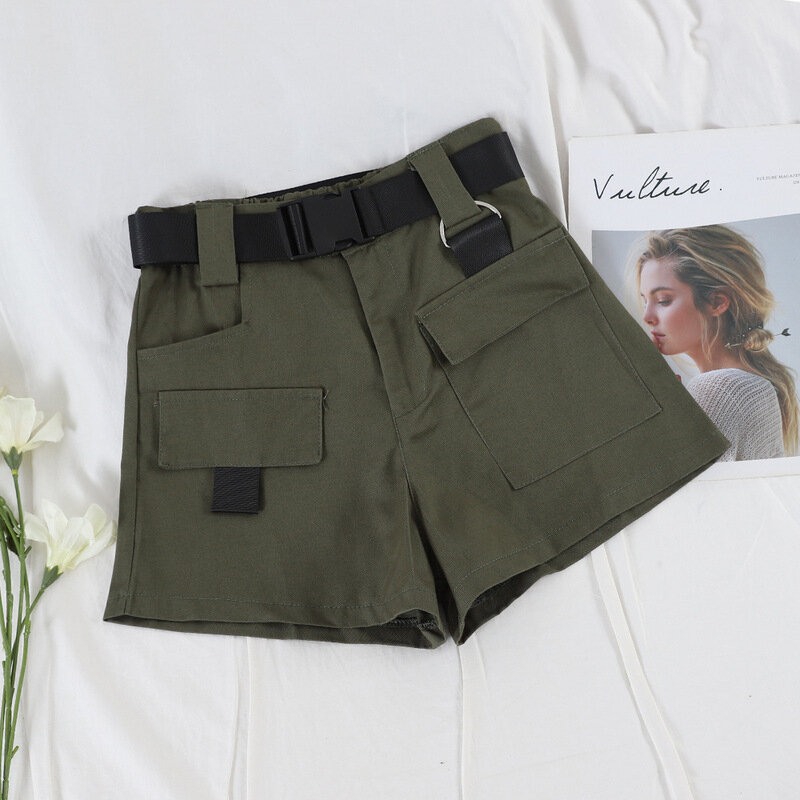 ZOGAA-pantalones cortos elásticos de cintura alta para mujer, Shorts negros con cinturón, Vintage, de algodón, con bolsillo, talla grande, 2021