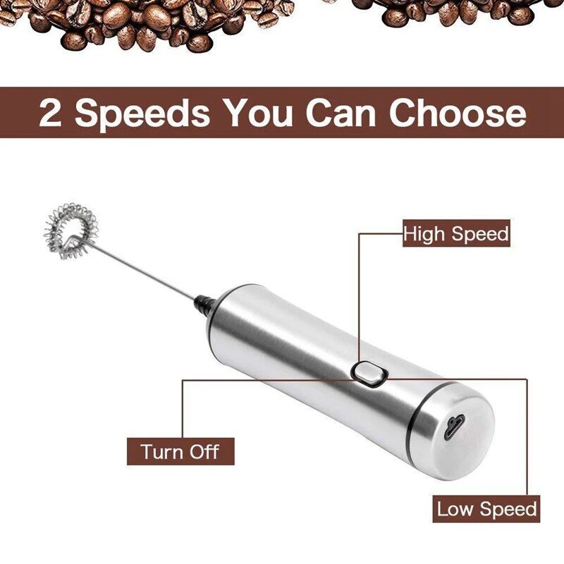 Usb Chargeable Double Spring Whisk Head Electric Milk Frother Stainless Steel Handheld Milk Foamer Drink Mixer Two Speeds