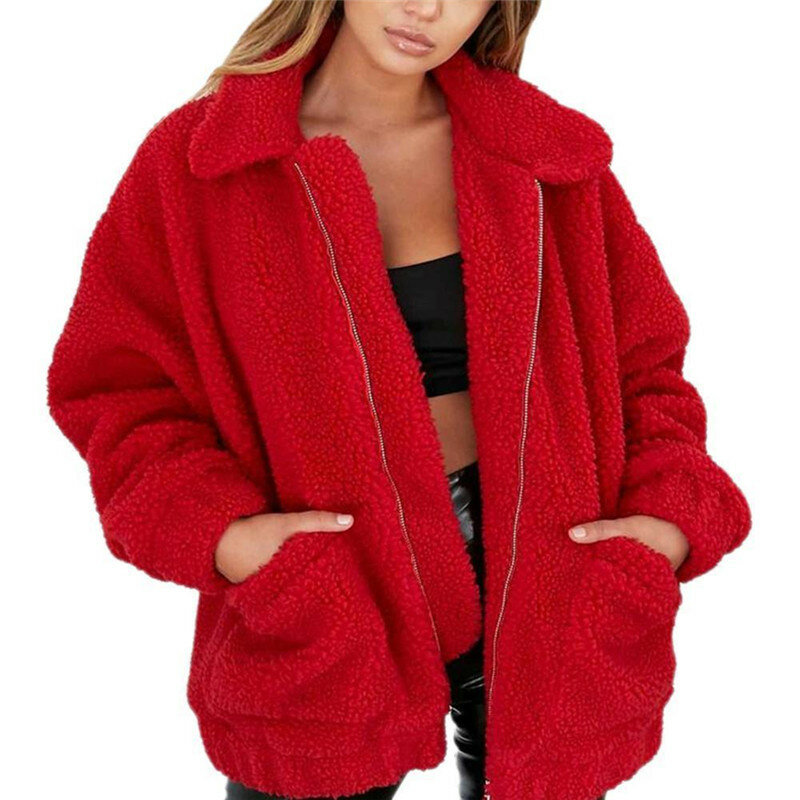 Elegancki płaszcz ze sztucznego futra kobiety jesienno-zimowa gruba ciepła miękka kurtka polarowa kieszeń odzież wierzchnia zapinana na suwak płaszcz niedźwiedź pluszowy płaszcz S-3XL