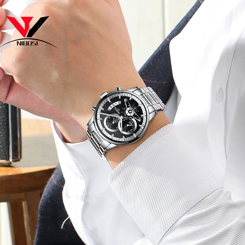 NIBOSI-reloj analógico de acero inoxidable para hombre, accesorio de pulsera de cuarzo resistente al agua con calendario, complemento masculino deportivo de marca de lujo con diseño militar, disponible en color negro y plateado