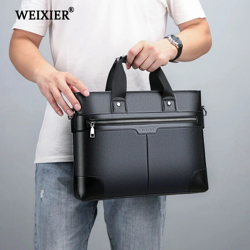 WEIXIER Men PU หนังแฟชั่นกระเป๋าถือสีดำกระเป๋าสำหรับเอกสารหนังแล็ปท็อป Briefcases กระเป๋า