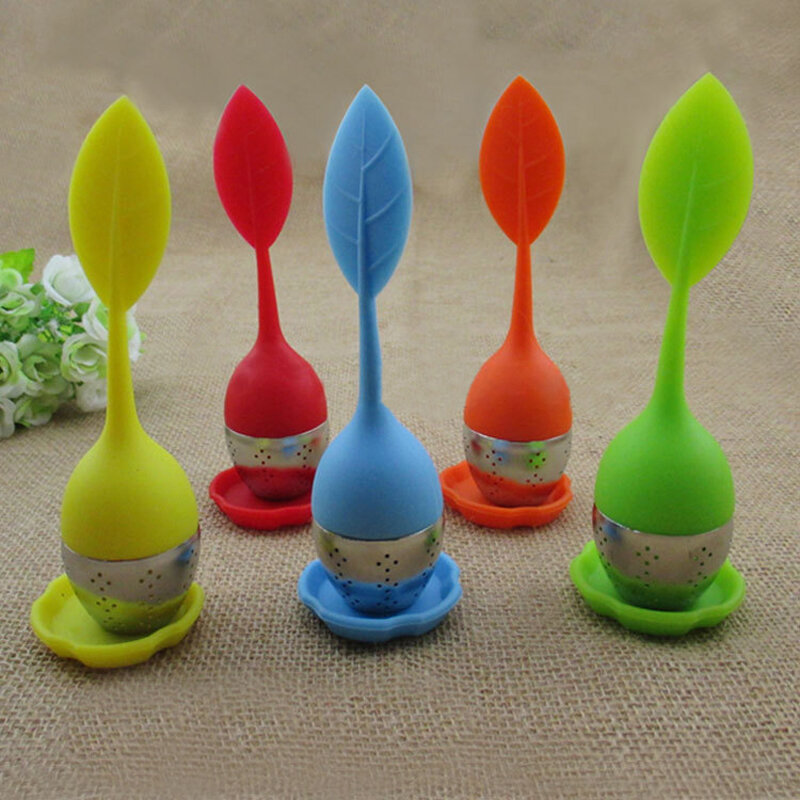 1Pcs Cute Tea 7 Color Sweet Leaf Silicone Tea Infuser Reusable Strainer Drop Tray Novelty Tea Ball Herbal Spice Filter Tea Tools