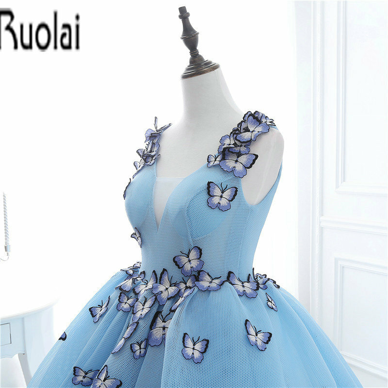 2017 In Stock New Arrival Beautiful V-Neck Appliques Sleeveless Tulle Ball Gown Formal Prom Dresses Long Dresses Lace Up Back