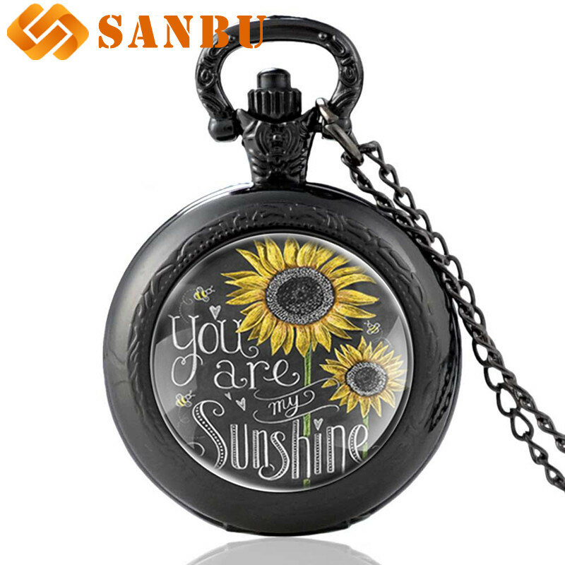 'You Are My Sunshine' Charm Necklace Sweetheart Quartz Pocket Watch Vintage Bronze Men Women Sunflower Couple Antique Jewelry