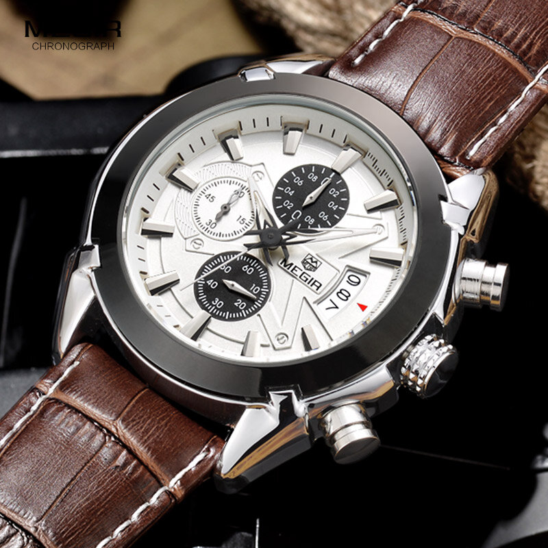 Relógio de quartzo masculino de couro estiloso megir esportivo cronógrafo militar relógios de pulsos para homens estilo militar 2020 frete grátis