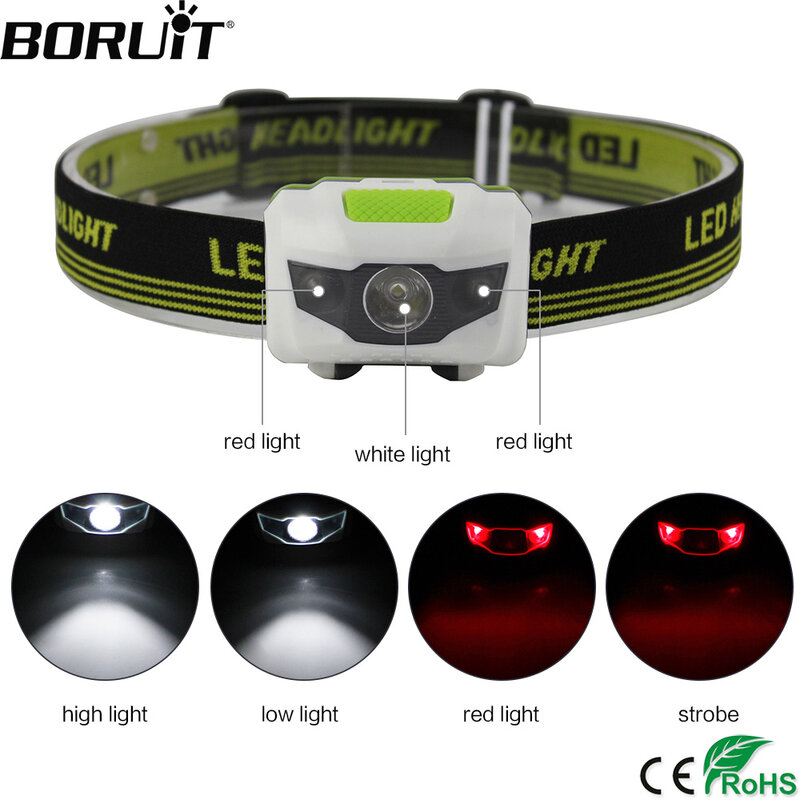 BORUiT – Mini lampe frontale rouge XPE LED, 4 modes, alimentée par batterie AAA, étanche, pour la chasse et le Camping