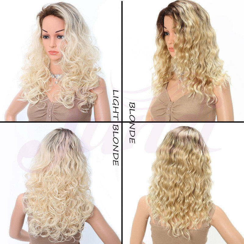 JUNSI Long Curly Wigs for Women Ombre Brown to Light Golden Wigs Dark Roots Synthetic Hair Heat Resistant Fiber Wig