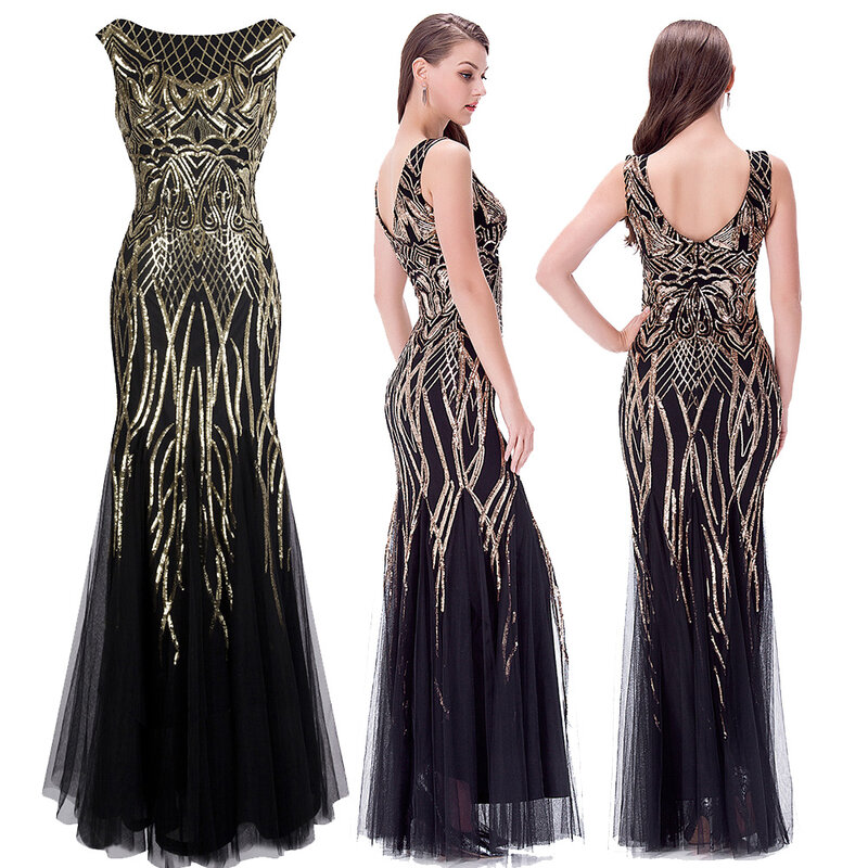 Gaun Malam Wanita Mode Malaikat Gaun Pesta Putri Duyung Manik-manik Antik Emas Gaun Pesta 377 Model 393
