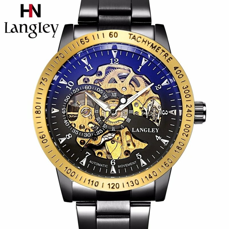 Langley-novo relógio de pulso mecânico masculino, automático, esqueleto, aço inoxidável, à prova d'água,