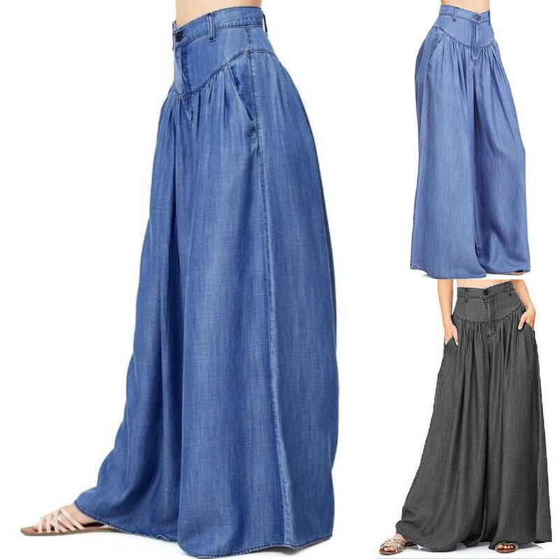 Женские джинсовые длинные брюки с широкими штанинами, повседневные праздничные брюки с высокой талией