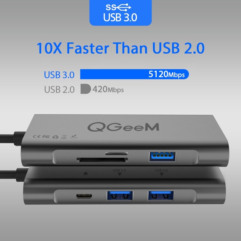QGeeM 7in1 Hub USB C Huawei P20 Giao Phối 20 Pro Type C USB Hub USB-C Để 3.0Hub HDMI Đầu Đọc Thẻ thunderbolt3 Adapter Cho MacBook Pro