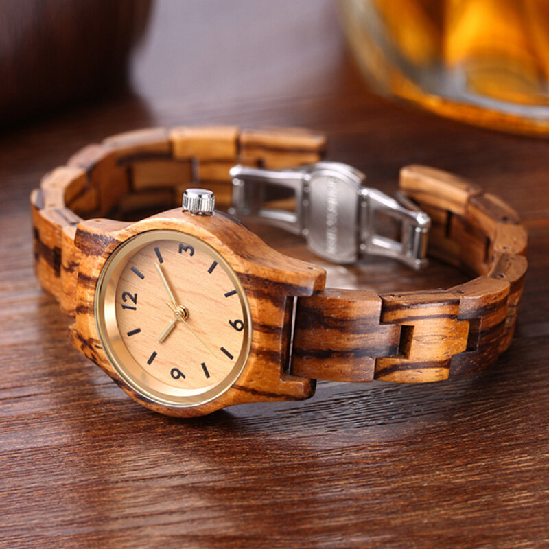 Relógio feminino de madeira e dourado, relógio de pulso pequeno e elegante com pulseira de quartzo, presente para mulheres, caixa feminina, 2019