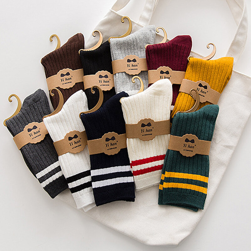 2019 Autumn And Winter New Two Bars Cotton Ladies Pile Pile Socks Harajuku Sports School Wind Double Needle In The Tube Socks