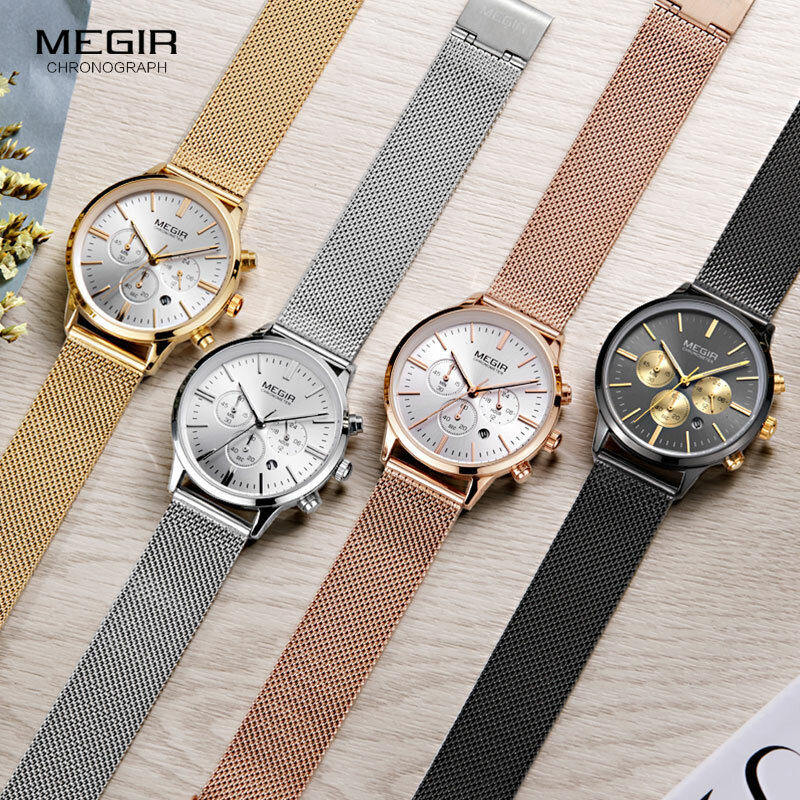 MEGIR 女性ステンレス鋼メッシュ Bracelete クォーツ時計クロノグラフ 24 時間日付表示アナログの腕時計 2011L