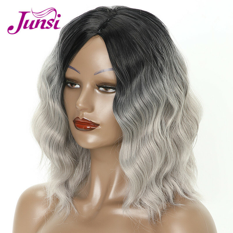 JUNSI Purple Wavy Synthetic Wig for Women Bob Water Wave Hair Natural Ombre Grey Wigs Heat Resistant Hair