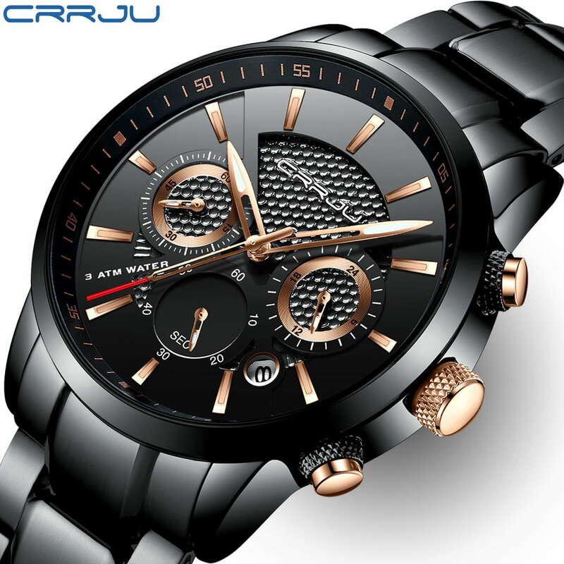 Crrju relógio de quartzo masculino relógios de moda funcional marca luxo negócio aço completo à prova dwaterproof água relógio relogio masculino