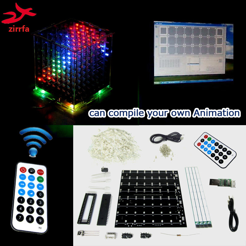 إضاءة صغيرة ثلاثية الأبعاد 8 ألوان مع رسوم متحركة ممتازة/8 × 8 × 8 ، طيف موسيقى LED ، برنامج تجريبي للكمبيوتر ، مجموعة diy الإلكترونية