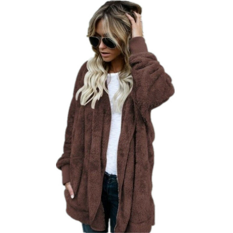 Abrigo de oso de peluche de piel sintética para mujer, chaqueta con capucha de manga larga, a la moda, de punto abierto, novedad, S-5XL, invierno, 2020